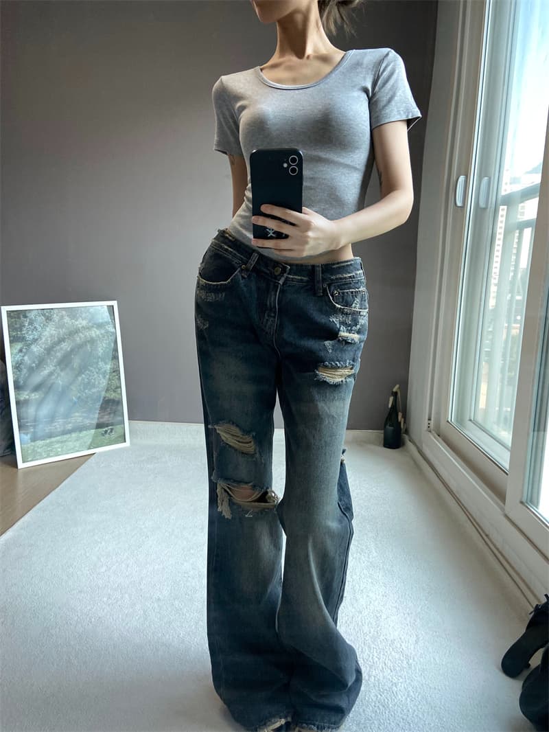 지금 캐주얼 루즈핏 그리기 찢어진 부분 거친 가장자리 데님 긴 바지 상세 이미지 20