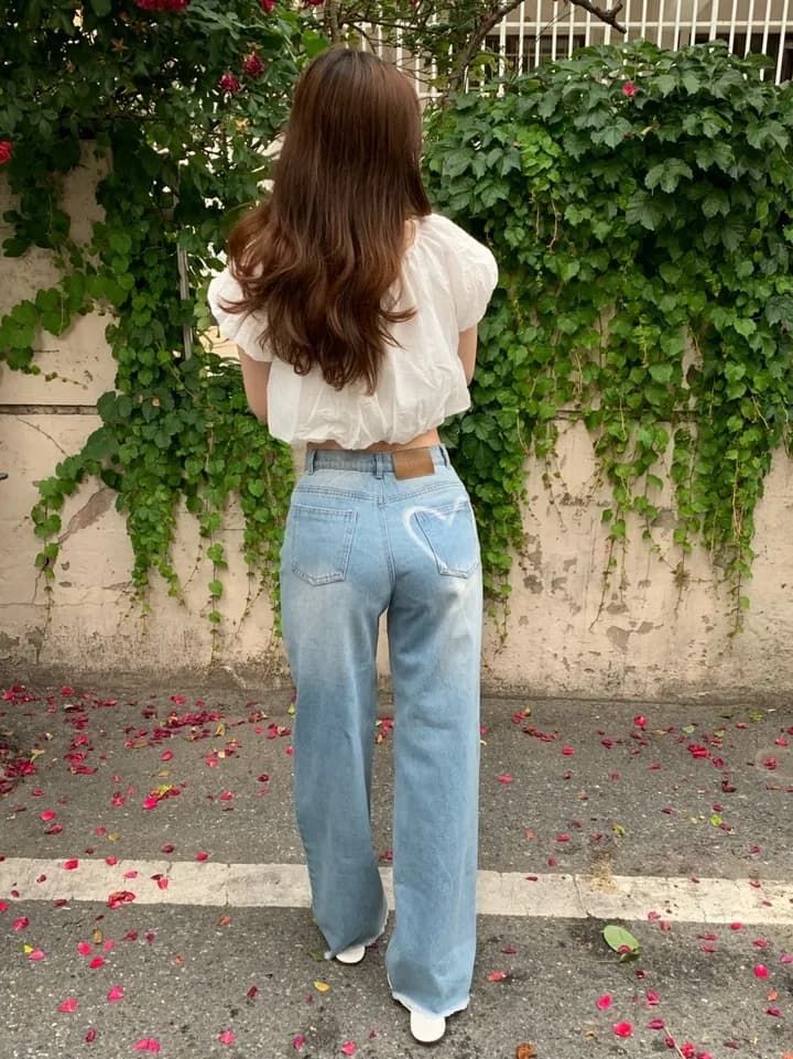 지금 워싱 하늘색 여름 심장 모양 프린트 루즈핏 롱 코트 넓은 다리 청바지 이미지 4