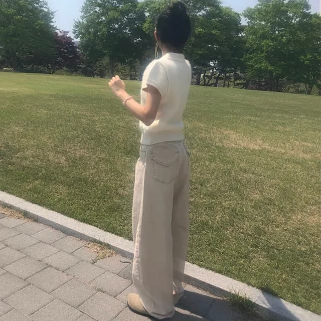 둘 색상 지금 작은 대중 다용도 레트로 연삭 화이트 엉덩이 하트 주머니 하이웨이스트 넓은 다리 데님 긴 바지 이미지 3