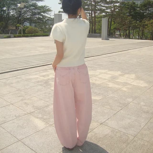 둘 색상 지금 작은 대중 다용도 레트로 연삭 화이트 엉덩이 하트 주머니 하이웨이스트 넓은 다리 데님 긴 바지 상세 이미지 5