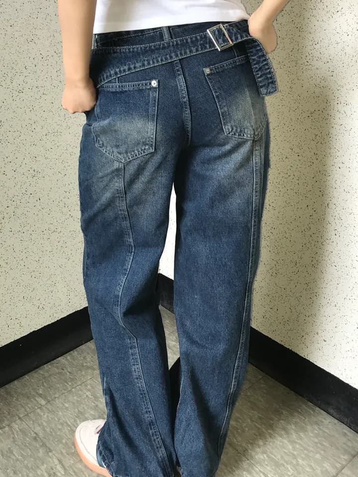 2 색 지금 하이웨이스트 워싱 이후 스트랩 루즈핏 넓은 다리 청바지 이미지 3