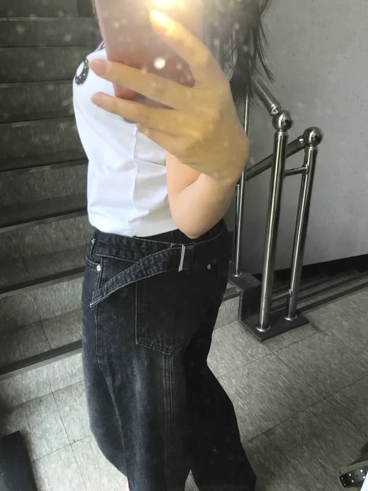 2 색 지금 하이웨이스트 워싱 이후 스트랩 루즈핏 넓은 다리 청바지 상세 이미지 39