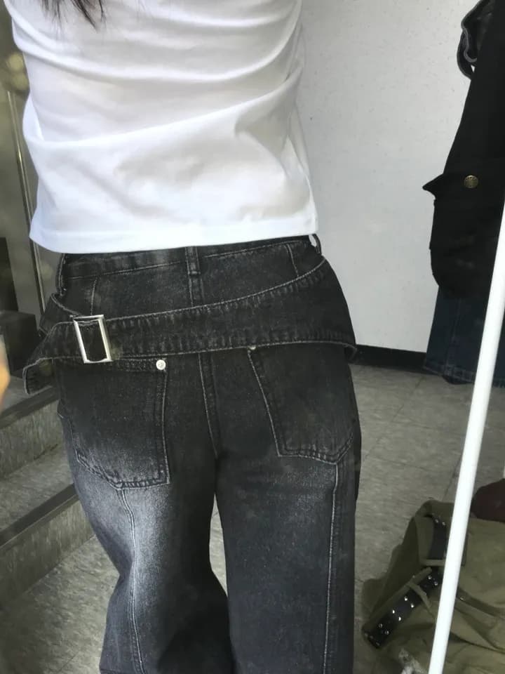 2 색 지금 하이웨이스트 워싱 이후 스트랩 루즈핏 넓은 다리 청바지 상세 이미지 42