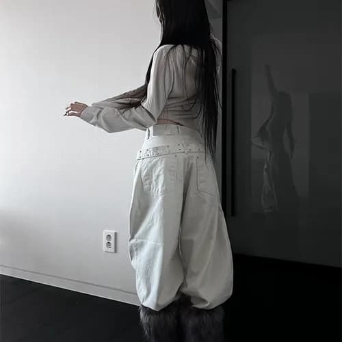 지금 레트로 징 뒤에 벨트 디자인 넓은 다리 루즈핏 청바지