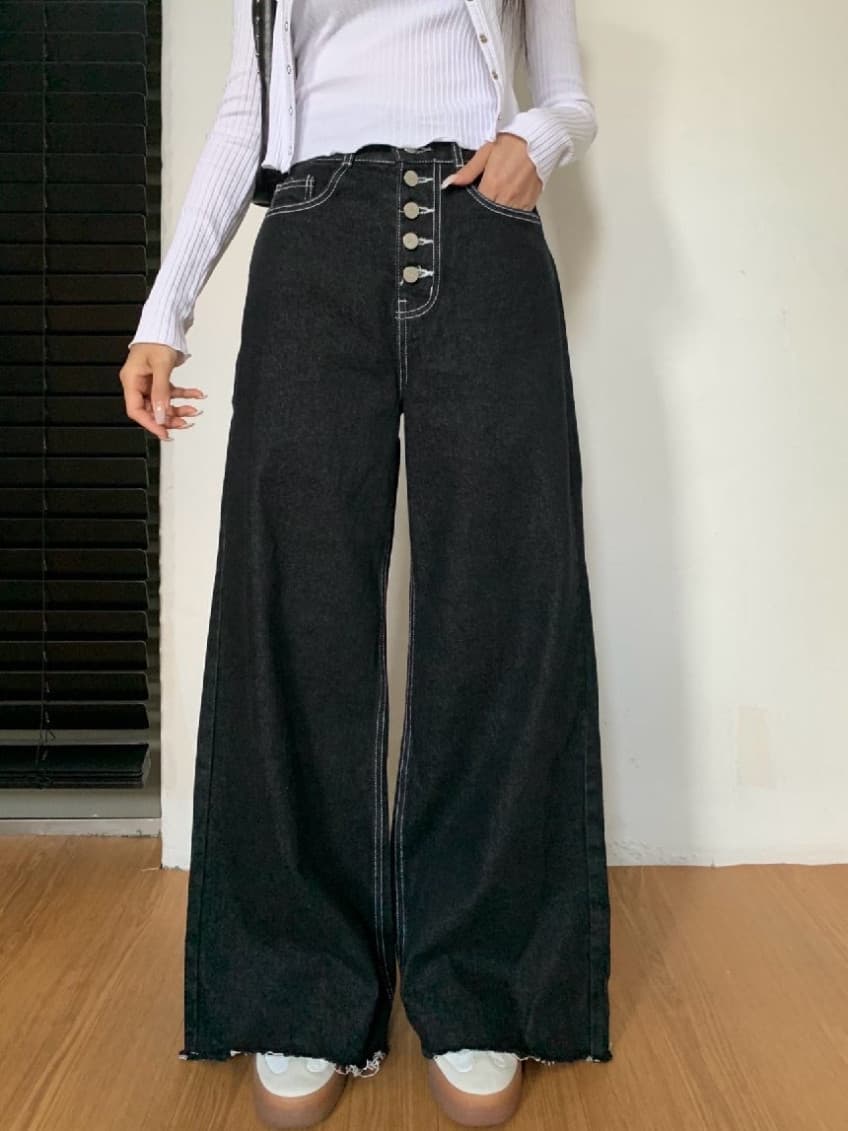 지금 기타 버클 진한 파란색 워싱 부츠컷 청바지 상세 이미지 8