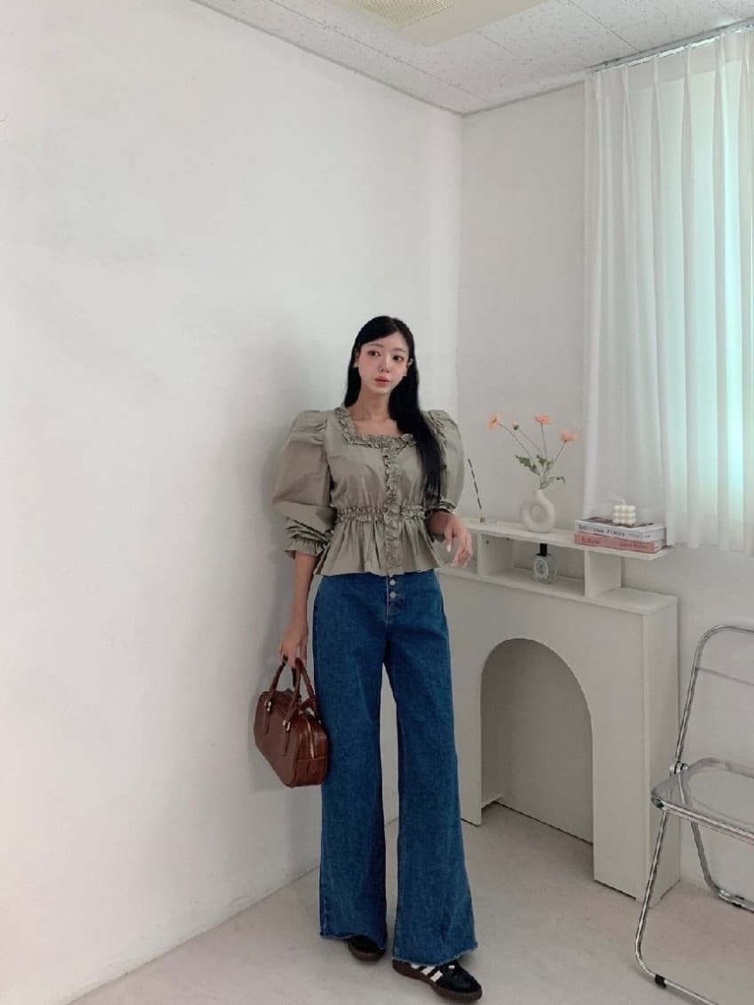 지금 기타 버클 진한 파란색 워싱 부츠컷 청바지 상세 이미지 21