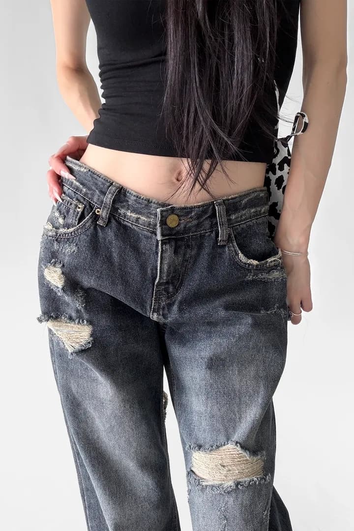 지금 캐주얼 루즈핏 그리기 찢어진 부분 거친 가장자리 데님 긴 바지 상세 이미지 16