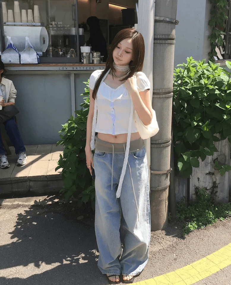 지금 느긋한 센스 ju 표지 고기 레이스업 편안함 캐주얼 넓은 다리 청바지 상세 이미지 3