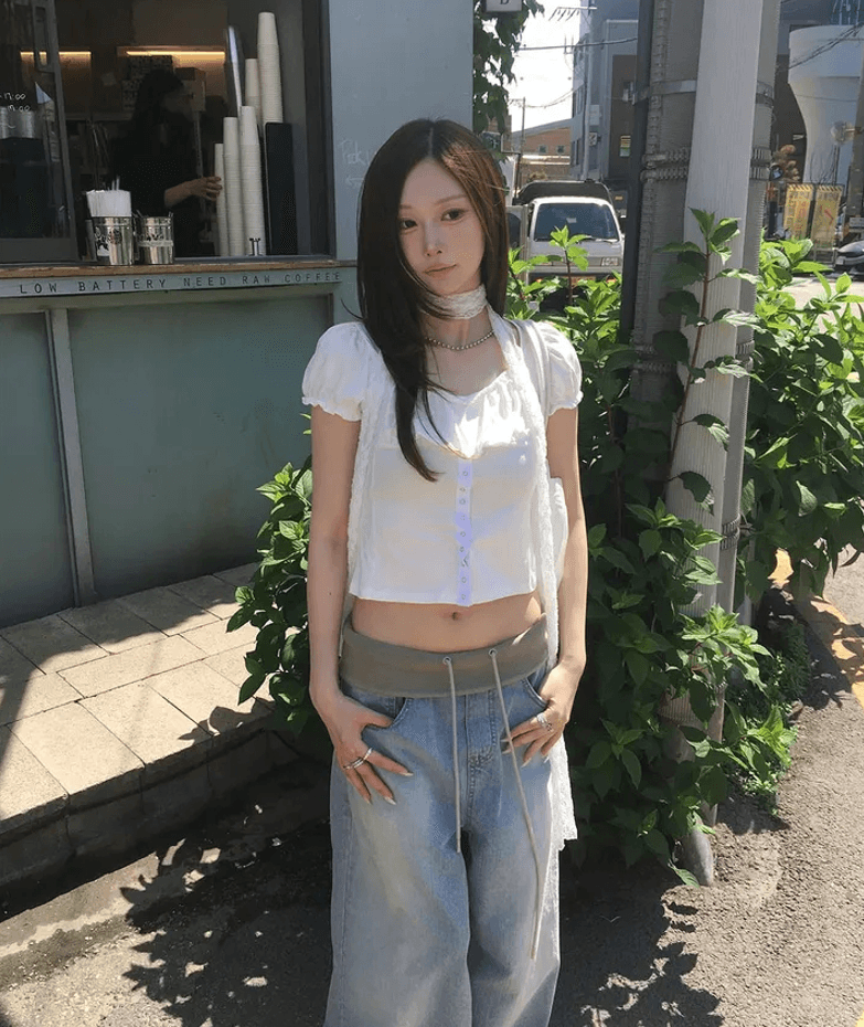 지금 느긋한 센스 ju 표지 고기 레이스업 편안함 캐주얼 넓은 다리 청바지 상세 이미지 4
