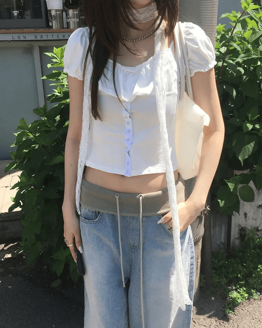 지금 느긋한 센스 ju 표지 고기 레이스업 편안함 캐주얼 넓은 다리 청바지 상세 이미지 7