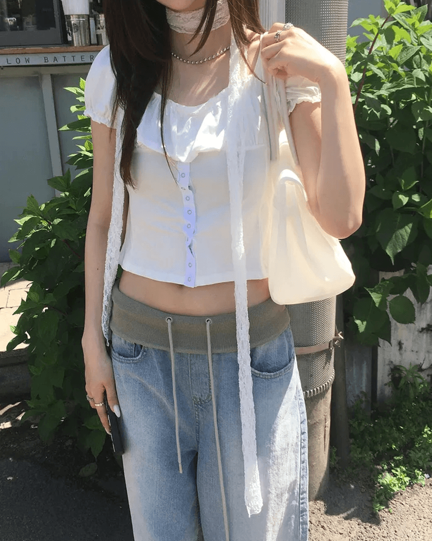 지금 느긋한 센스 ju 표지 고기 레이스업 편안함 캐주얼 넓은 다리 청바지 상세 이미지 8
