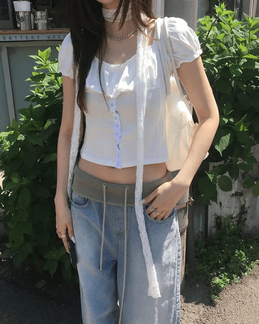 지금 느긋한 센스 ju 표지 고기 레이스업 편안함 캐주얼 넓은 다리 청바지 상세 이미지 9