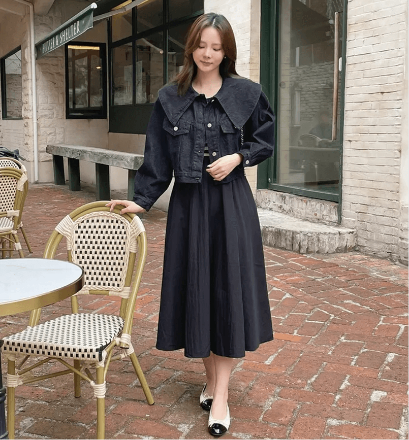 삼색 지금 연령 감소 대 베이비 칼라 싱글 줄 버튼 루즈핏 데님 재킷 재킷 이미지 4