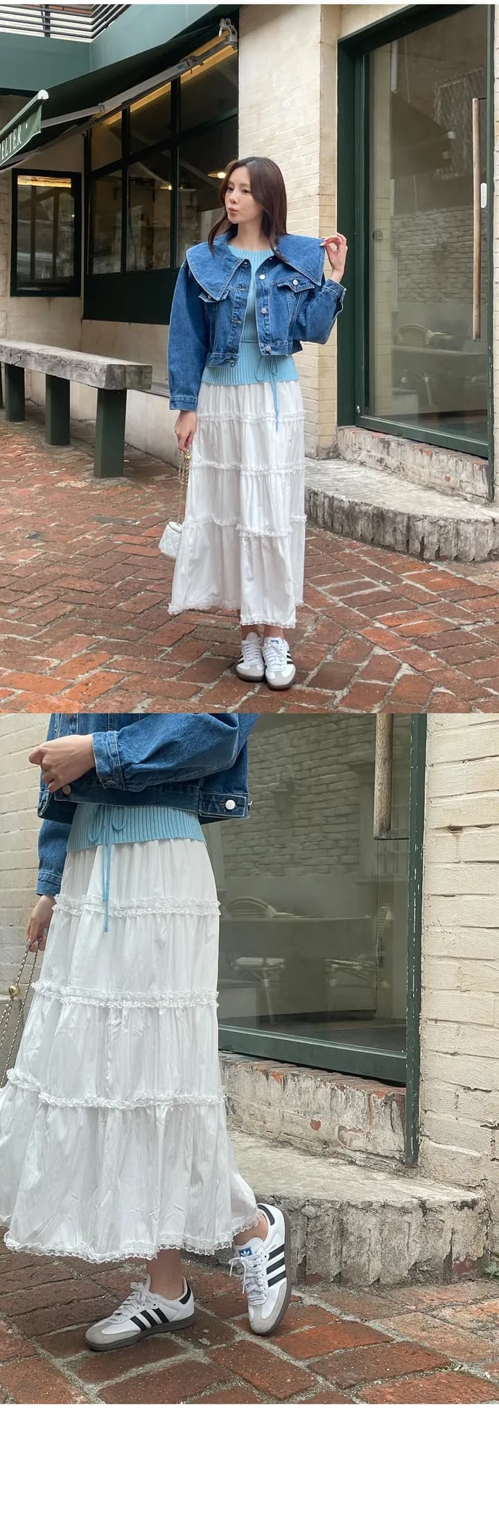 삼색 지금 연령 감소 대 베이비 칼라 싱글 줄 버튼 루즈핏 데님 재킷 재킷 상세 이미지 9