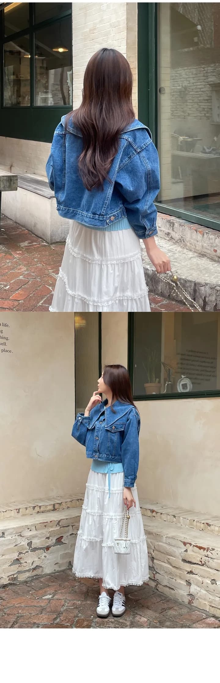 삼색 지금 연령 감소 대 베이비 칼라 싱글 줄 버튼 루즈핏 데님 재킷 재킷 상세 이미지 18