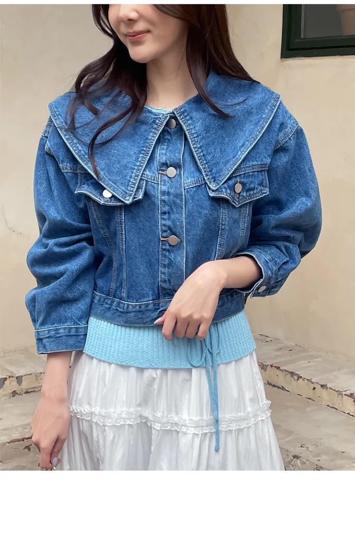삼색 지금 연령 감소 대 베이비 칼라 싱글 줄 버튼 루즈핏 데님 재킷 재킷 상세 이미지 19
