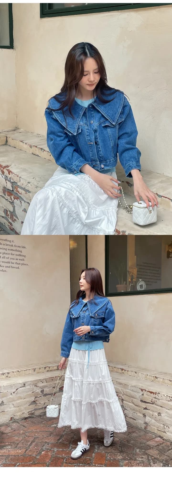 삼색 지금 연령 감소 대 베이비 칼라 싱글 줄 버튼 루즈핏 데님 재킷 재킷 상세 이미지 20