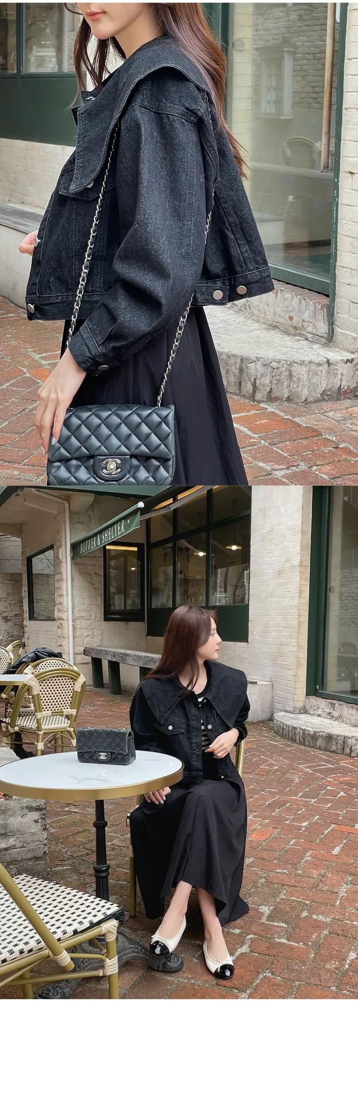 삼색 지금 연령 감소 대 베이비 칼라 싱글 줄 버튼 루즈핏 데님 재킷 재킷 상세 이미지 27