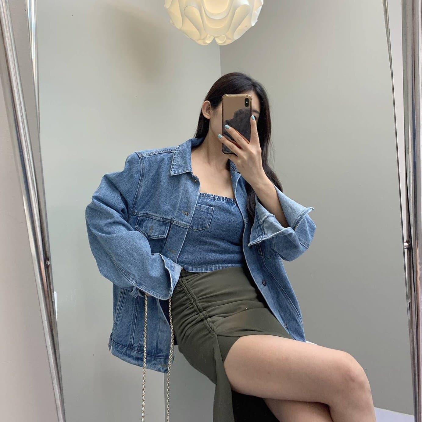 지금 진한 파란색 다용도 싱글 줄 버튼 POLO 칼라 재킷 맨위 루즈핏 데님 재킷 이미지 2