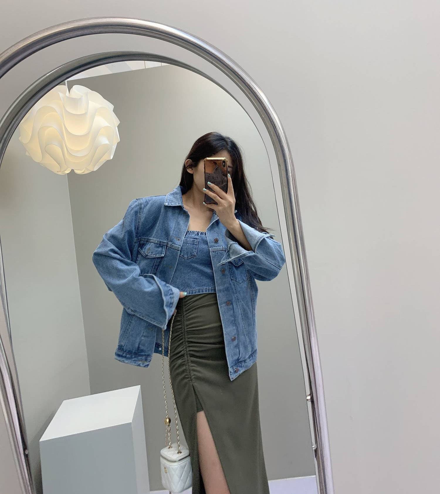 지금 진한 파란색 다용도 싱글 줄 버튼 POLO 칼라 재킷 맨위 루즈핏 데님 재킷 상세 이미지 7