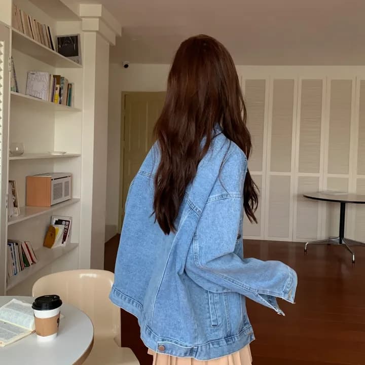 지금 나비 매듭 작은 장식품 레트로 워싱 프로필 모양 루즈핏 데님 재킷 이미지 3