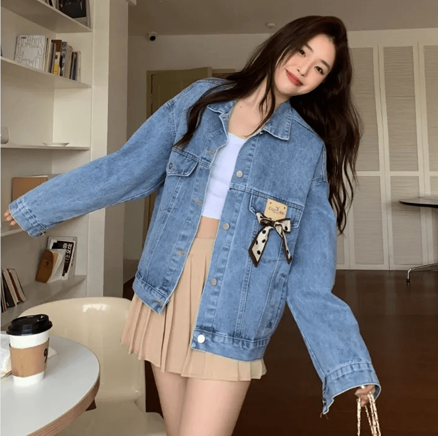 지금 나비 매듭 작은 장식품 레트로 워싱 프로필 모양 루즈핏 데님 재킷 이미지 2