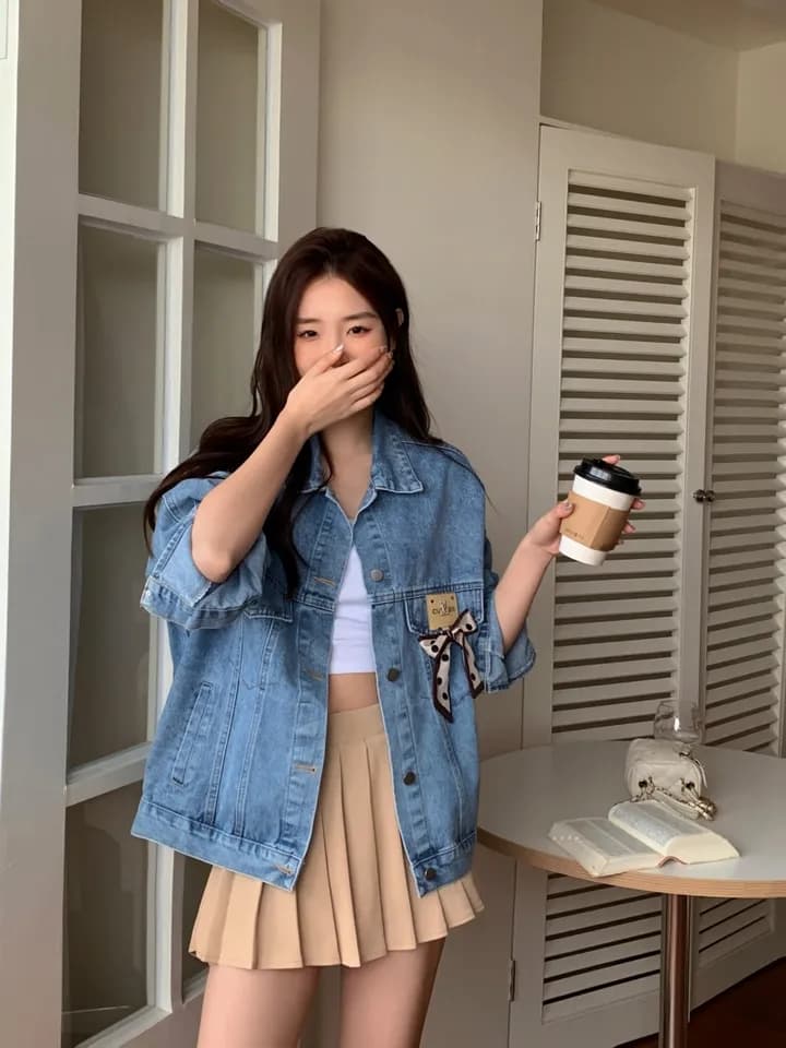 지금 나비 매듭 작은 장식품 레트로 워싱 프로필 모양 루즈핏 데님 재킷 상세 이미지 16