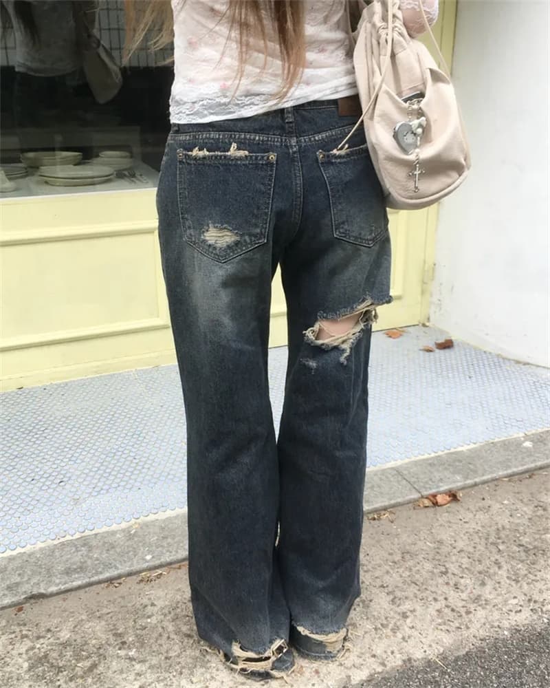 지금 캐주얼 루즈핏 그리기 찢어진 부분 거친 가장자리 데님 긴 바지 이미지 3
