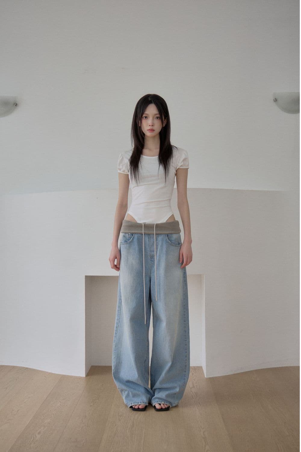 지금 허리 패치워크 뒤집다 접기 워싱 프로필 모양 좋은 핏 스타일 청바지 상세 이미지 1