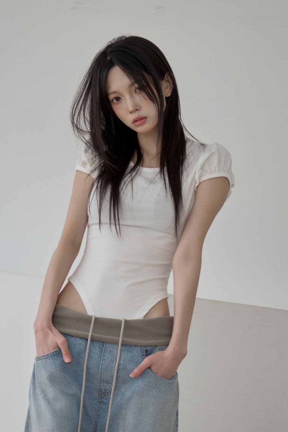 지금 허리 패치워크 뒤집다 접기 워싱 프로필 모양 좋은 핏 스타일 청바지 상세 이미지 8
