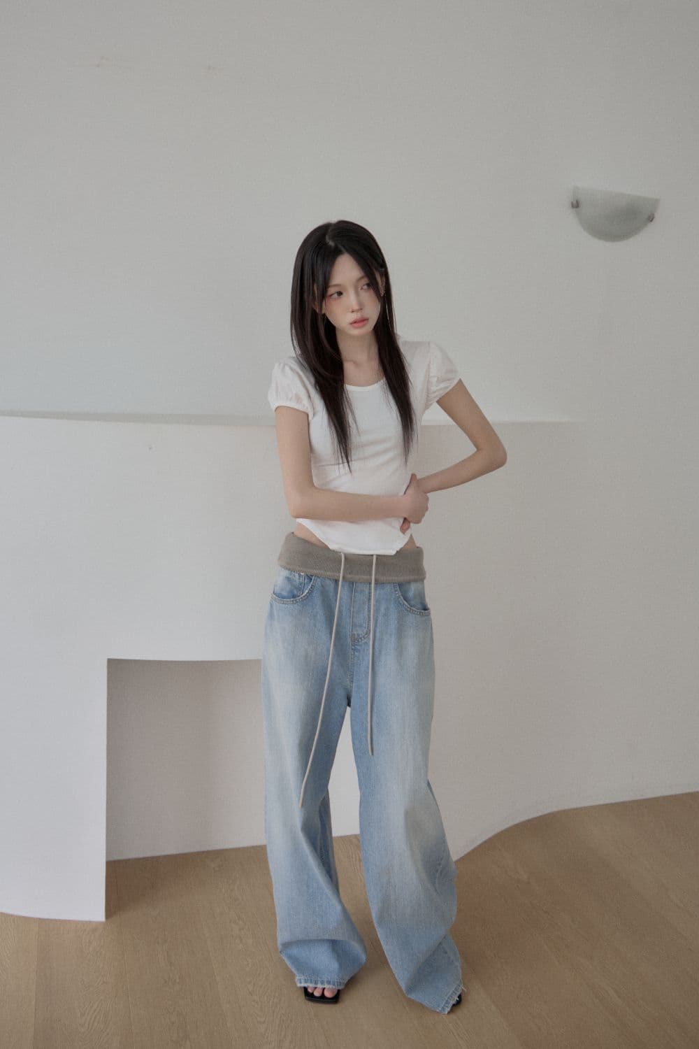 지금 허리 패치워크 뒤집다 접기 워싱 프로필 모양 좋은 핏 스타일 청바지 상세 이미지 18
