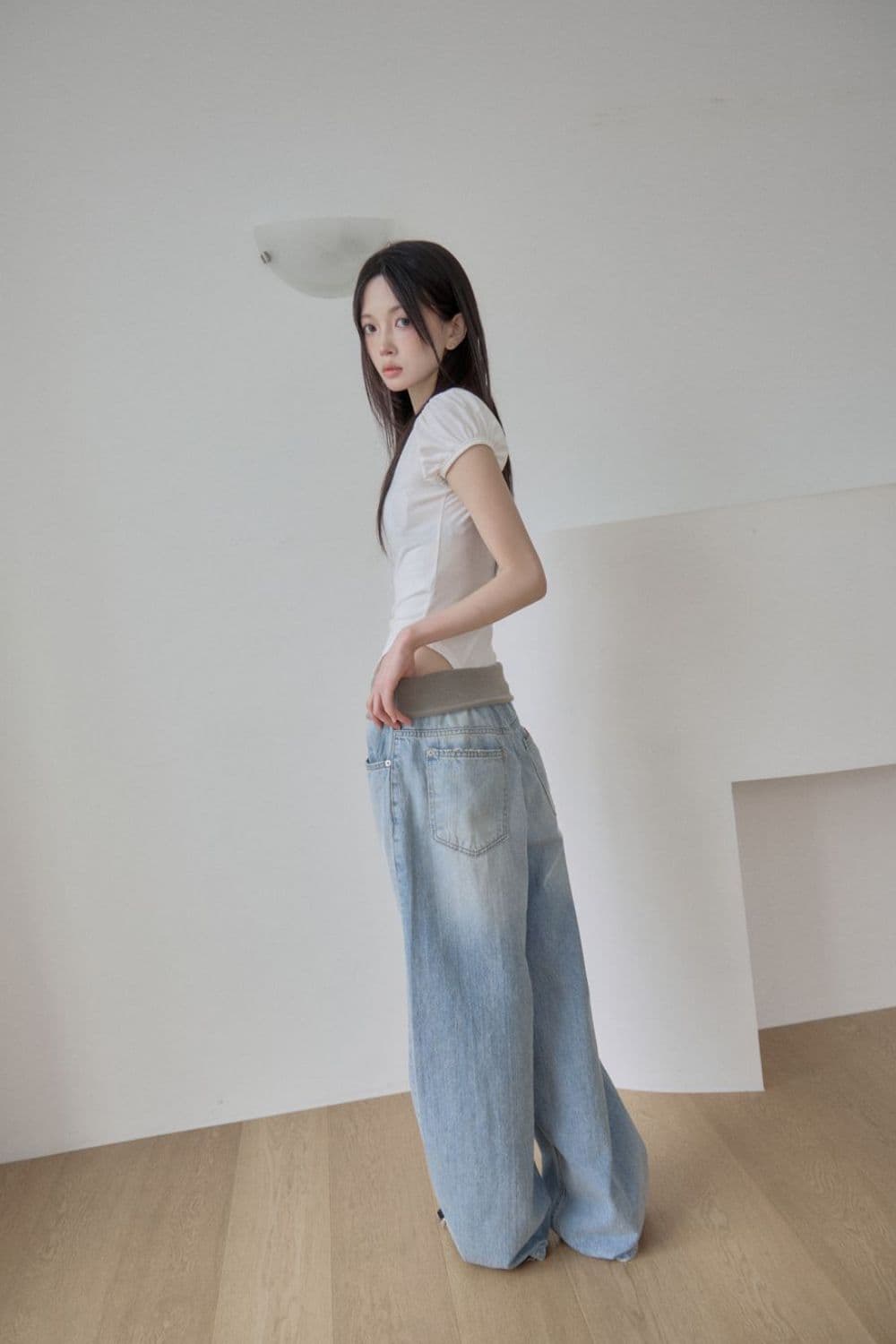지금 허리 패치워크 뒤집다 접기 워싱 프로필 모양 좋은 핏 스타일 청바지 상세 이미지 19