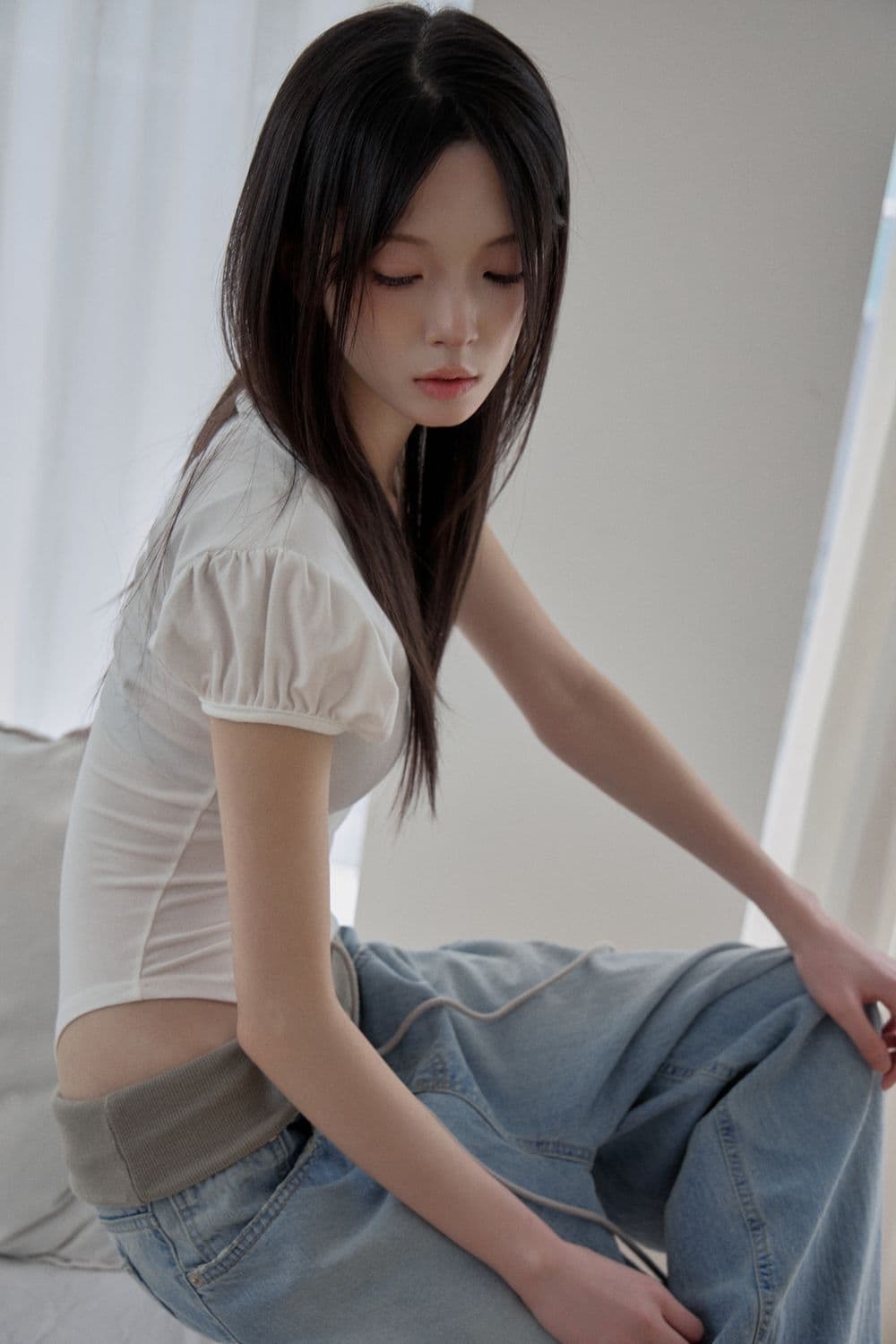 지금 허리 패치워크 뒤집다 접기 워싱 프로필 모양 좋은 핏 스타일 청바지 상세 이미지 21