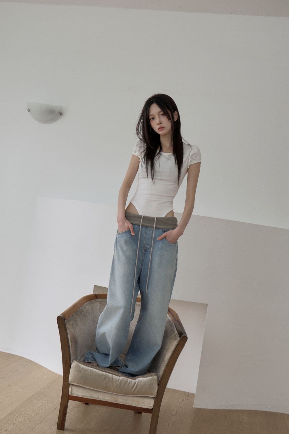 지금 허리 패치워크 뒤집다 접기 워싱 프로필 모양 좋은 핏 스타일 청바지 상세 이미지 22