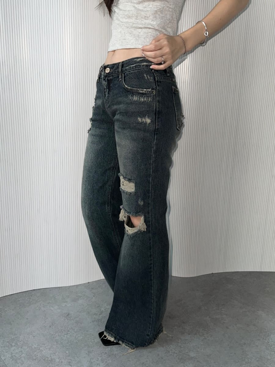 지금 레트로 워싱 캐주얼 루즈핏 그리기 찢어진 부분 거친 가장자리 데님 긴 바지 이미지 2