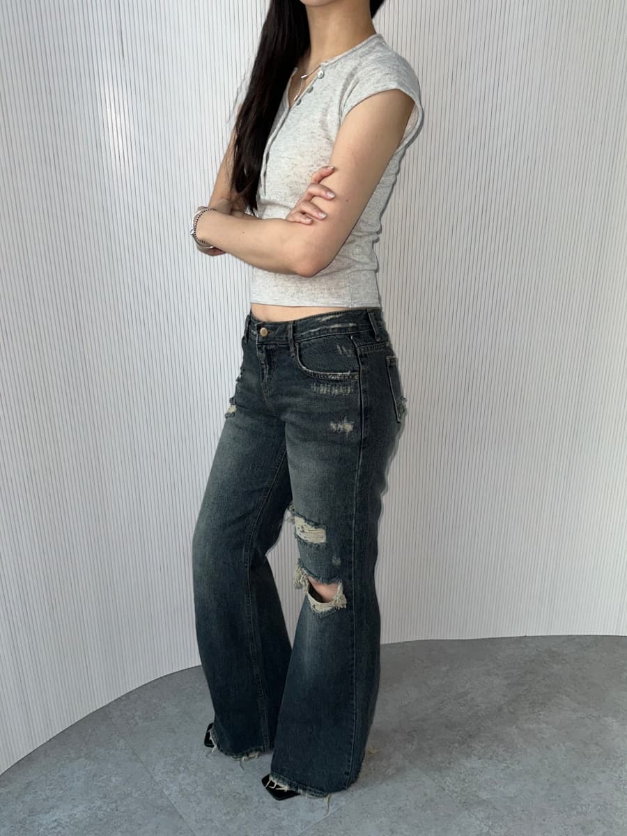 지금 레트로 워싱 캐주얼 루즈핏 그리기 찢어진 부분 거친 가장자리 데님 긴 바지 상세 이미지 4