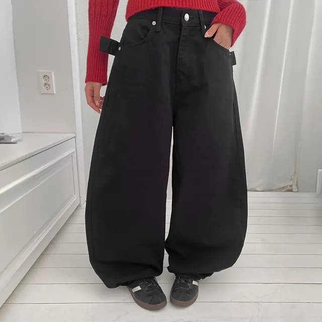 지금 레트로 징 뒤에 벨트 디자인 넓은 다리 루즈핏 청바지 이미지 2