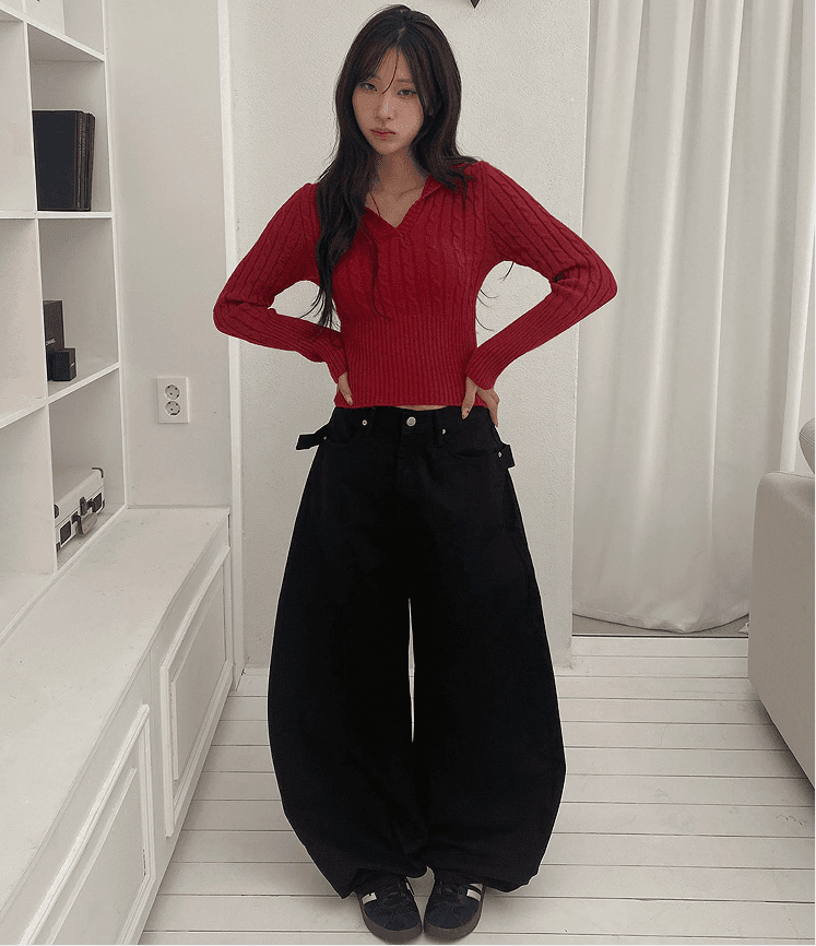 지금 레트로 징 뒤에 벨트 디자인 넓은 다리 루즈핏 청바지 상세 이미지 1