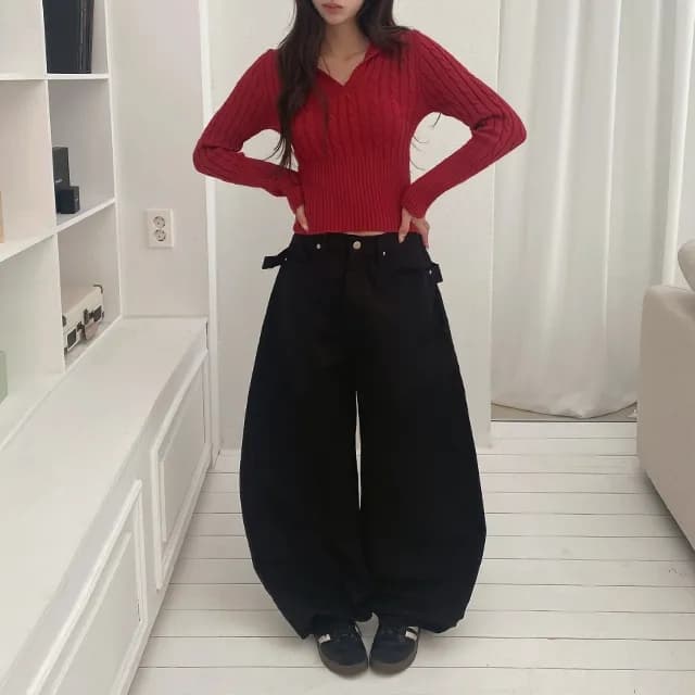 지금 레트로 징 뒤에 벨트 디자인 넓은 다리 루즈핏 청바지 상세 이미지 4