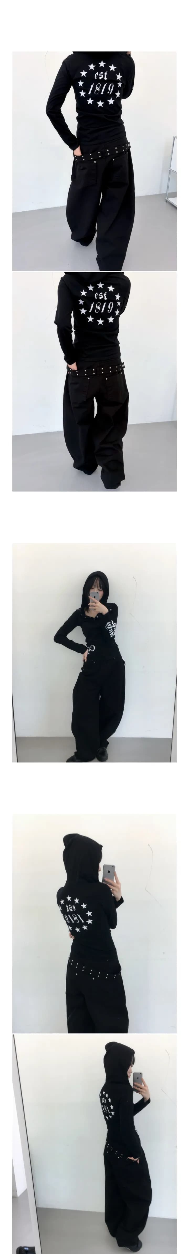 지금 레트로 stud 징 뒤에 벨트 디자인 넓은 다리 루즈핏 청바지 상세 이미지 5