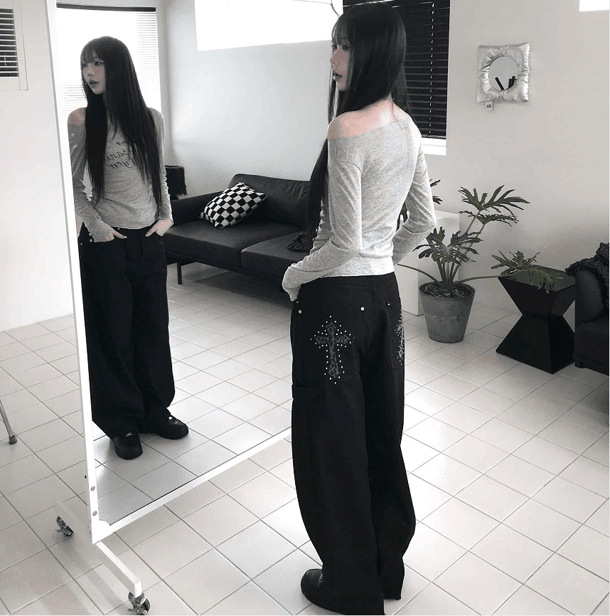 지금 주머니 카모플라주 프린트 느긋한 바람 디자인 센스 마 오래된 워싱 데님 바닥 청소 긴 바지 상세 이미지 1