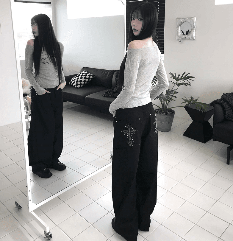 지금 주머니 카모플라주 프린트 느긋한 바람 디자인 센스 마 오래된 워싱 데님 바닥 청소 긴 바지 상세 이미지 2