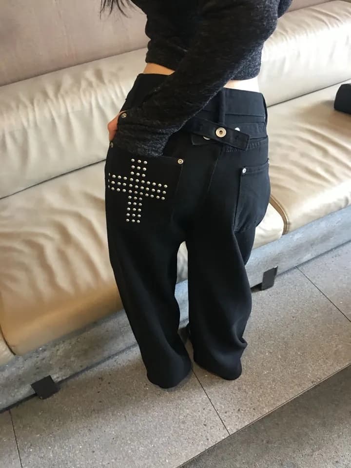 지금 단색 징 십자가 루즈핏 모통이 칼 캐주얼 바지 상세 이미지 4