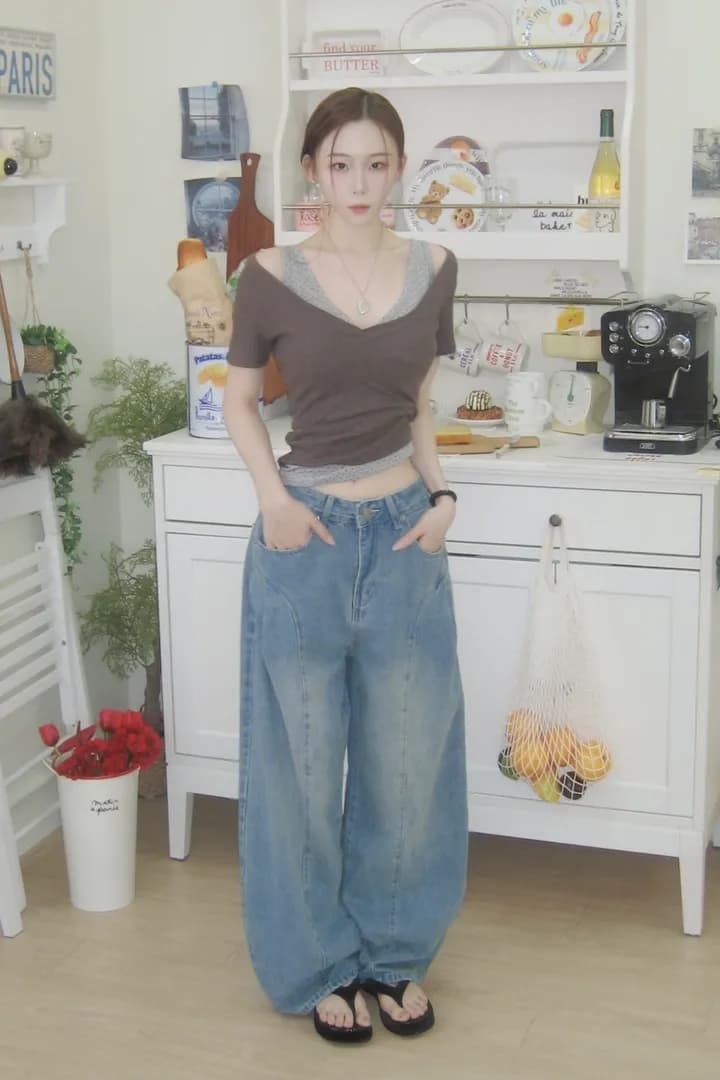 지금 레트로 워싱 곡선 플리츠 루즈핏 넓은 다리 청바지 상세 이미지 7
