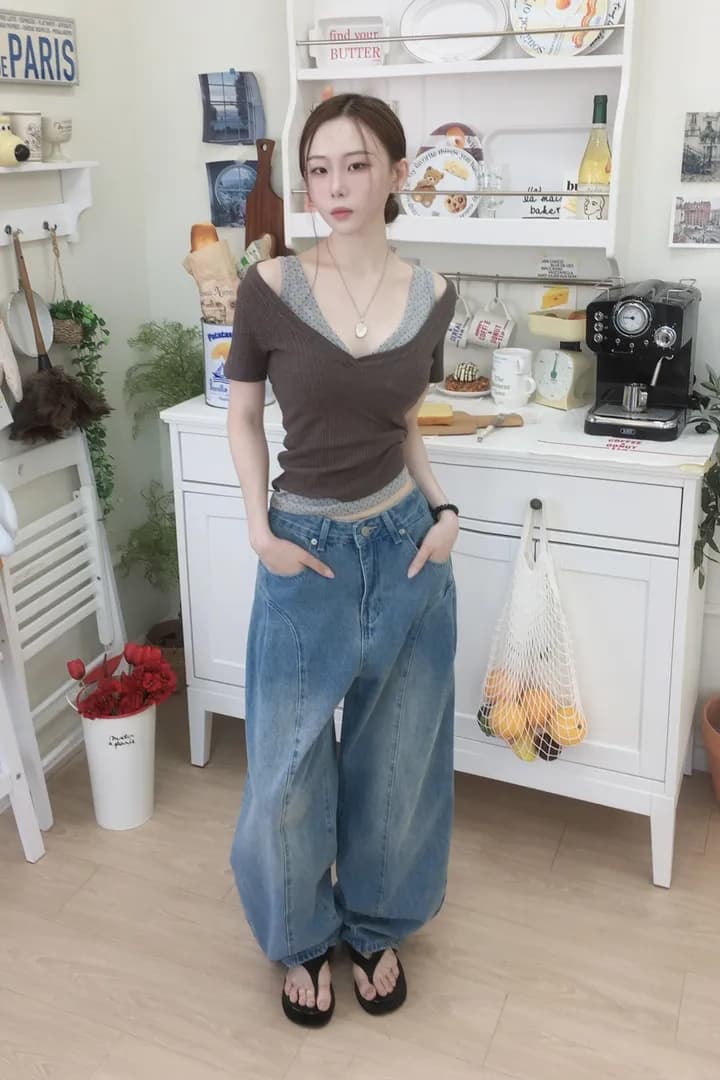 지금 레트로 워싱 곡선 플리츠 루즈핏 넓은 다리 청바지 상세 이미지 11