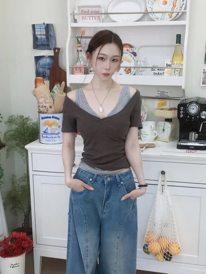 지금 레트로 워싱 곡선 플리츠 루즈핏 넓은 다리 청바지 상세 이미지 12