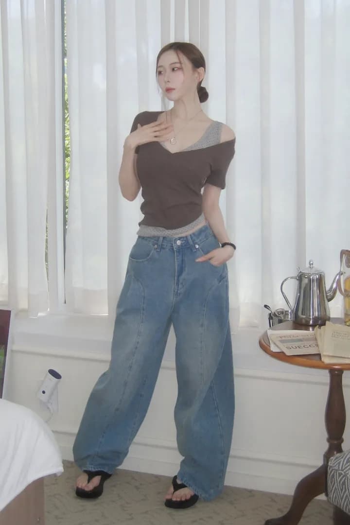 지금 레트로 워싱 곡선 플리츠 루즈핏 넓은 다리 청바지 상세 이미지 23