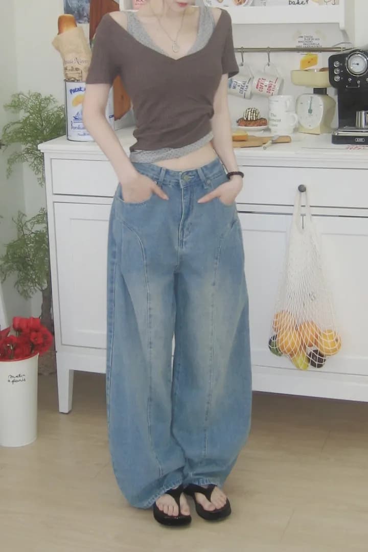 지금 레트로 워싱 곡선 플리츠 루즈핏 넓은 다리 청바지 상세 이미지 24