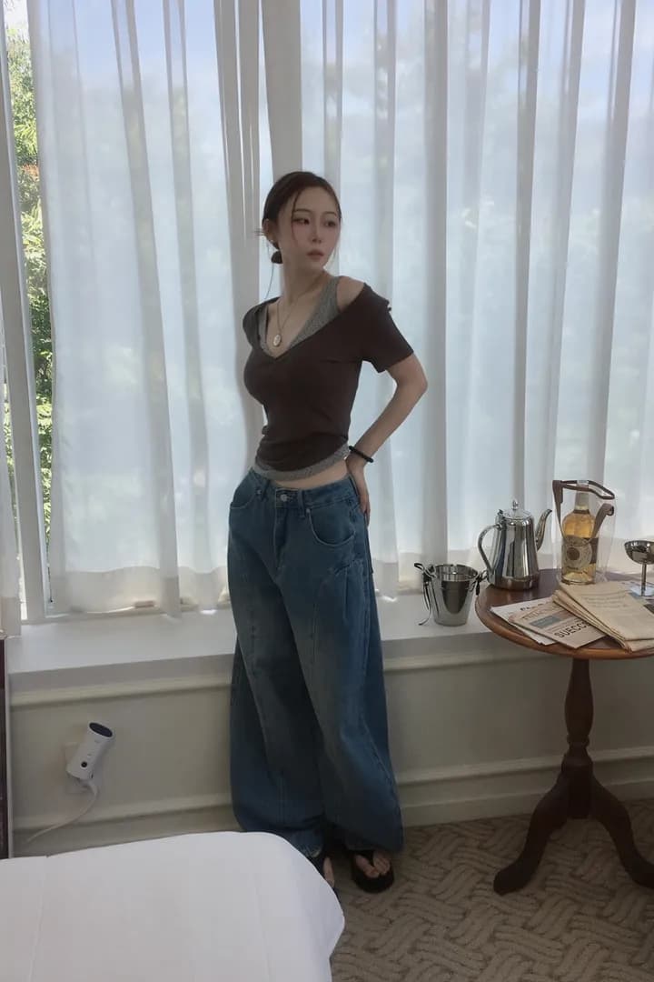 지금 레트로 워싱 곡선 플리츠 루즈핏 넓은 다리 청바지 상세 이미지 28