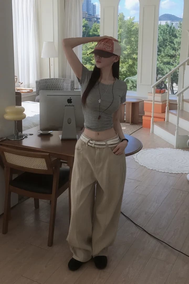 지금 레트로 워싱 곡선 플리츠 루즈핏 넓은 다리 청바지 상세 이미지 37